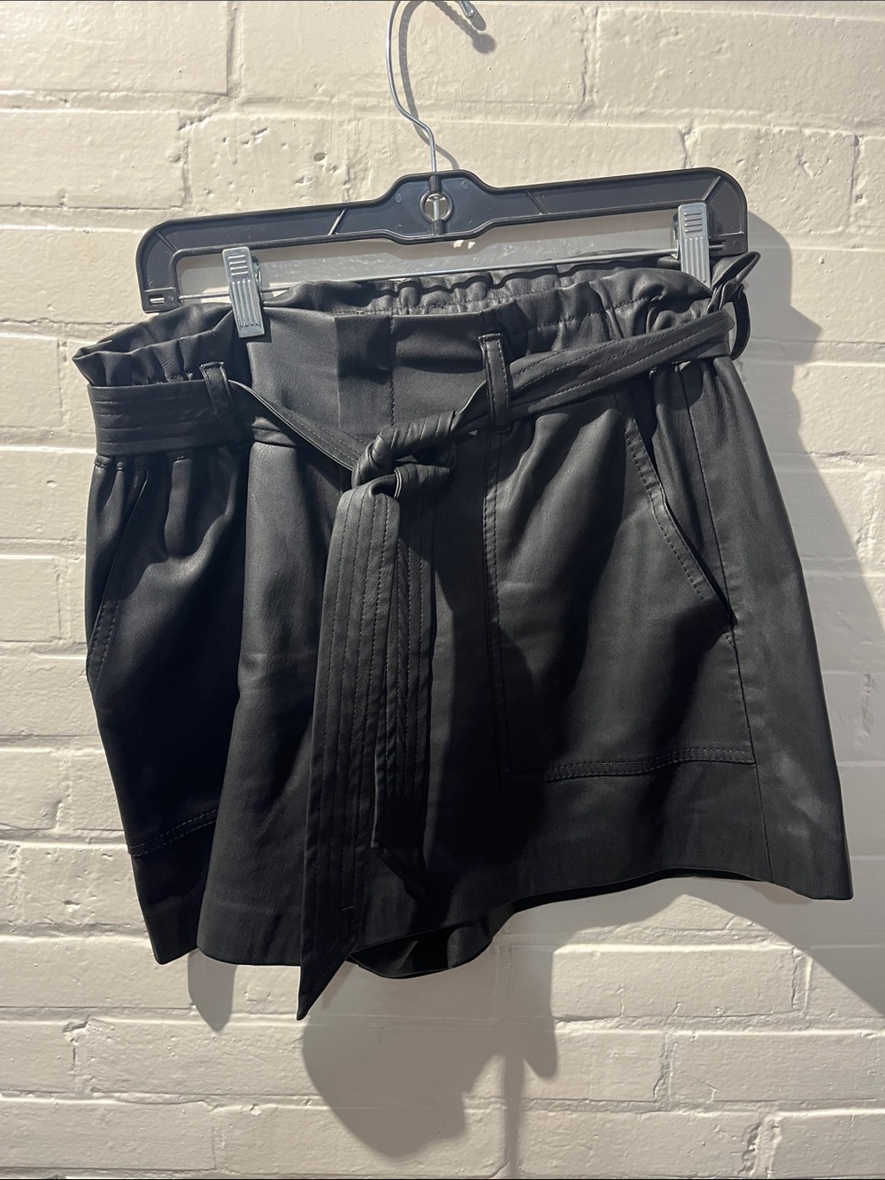Blank NYC Black Faux Leather High-Waist Paperbag Shorts with Tie